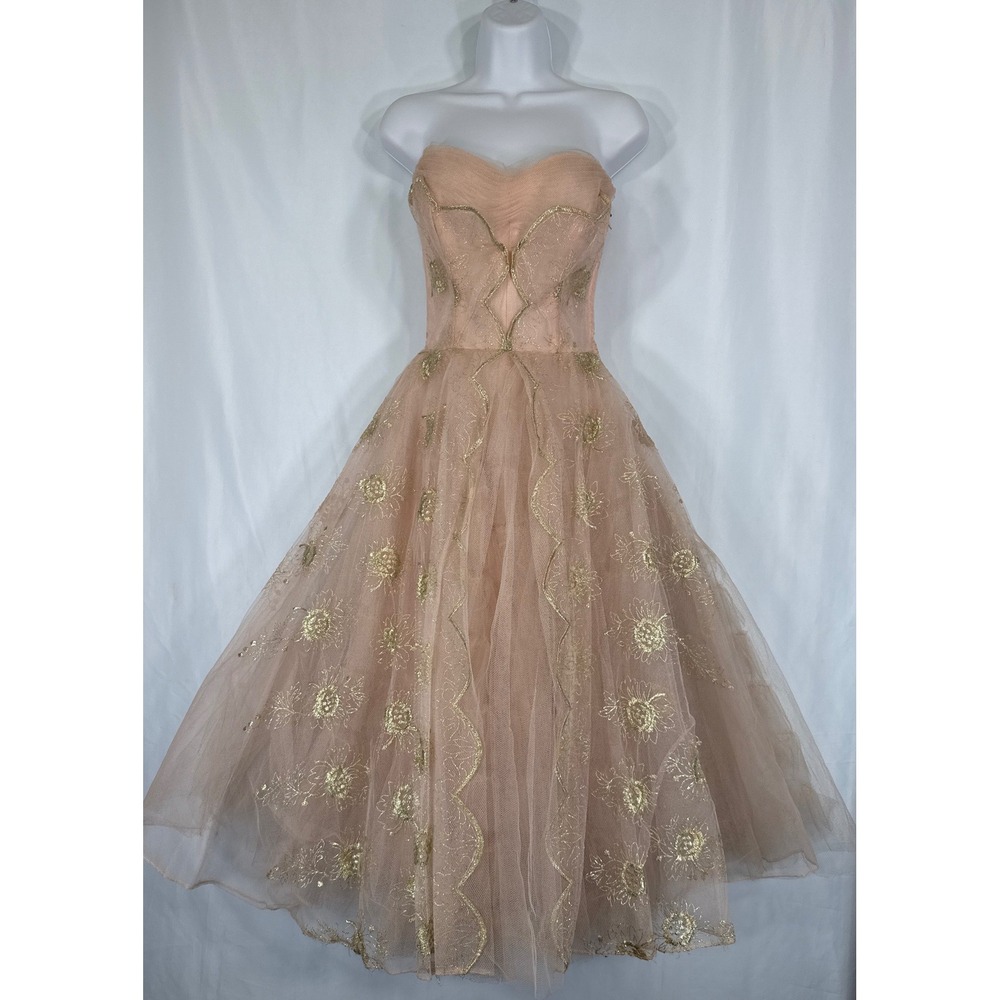 VTG 50s Strapless Peach Tulle Prom Cupcake Dress Gold Pink Rockabilly Fairy XS